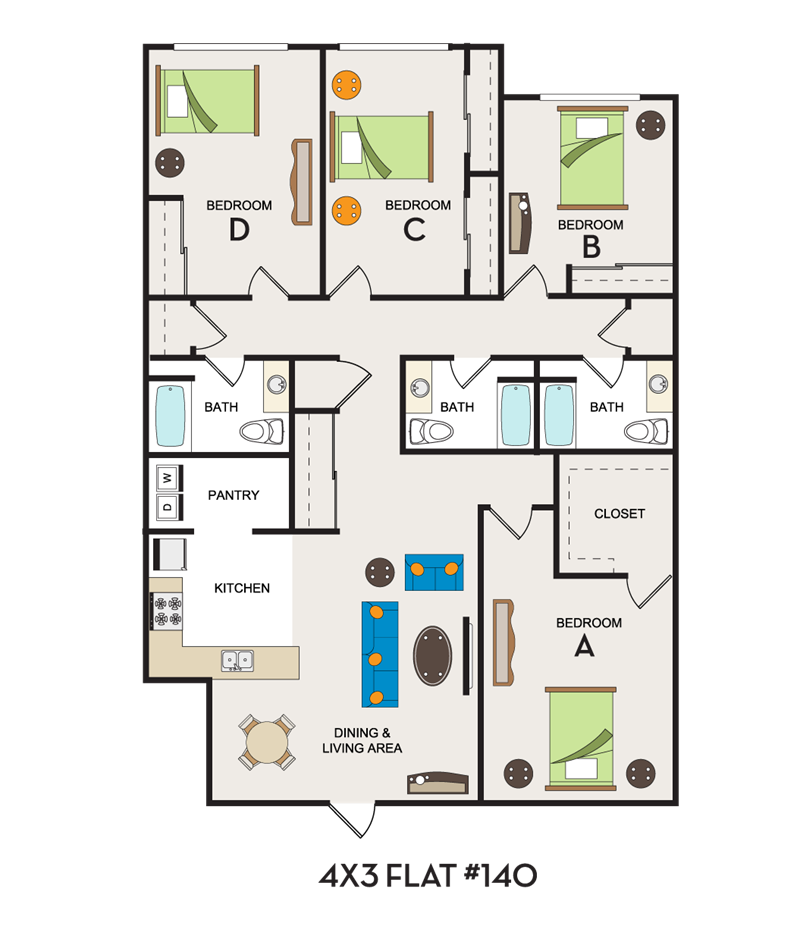 Floor plan for 4 beds, 3 baths, 1987 sqft